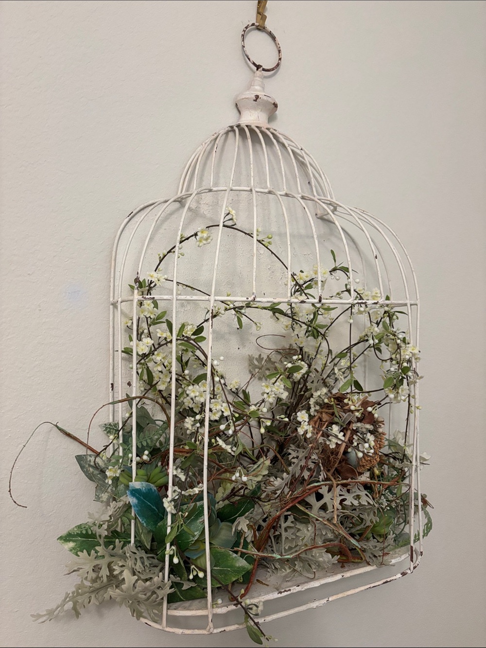Vintage White Metal Birdcage Wall Planter with Faux Greenery